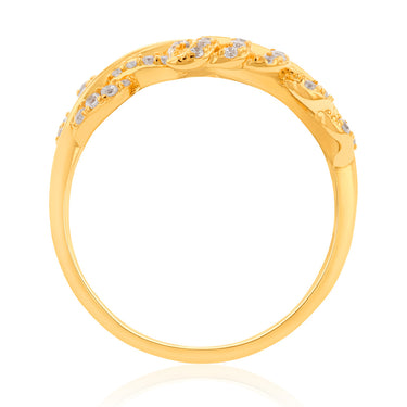 Sterling Silver Gold Plated Cubic Zirconia Feather Crossover Ring