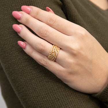 Sterling Silver Gold Plated Cubic Zirconia On Feather Broad Ring