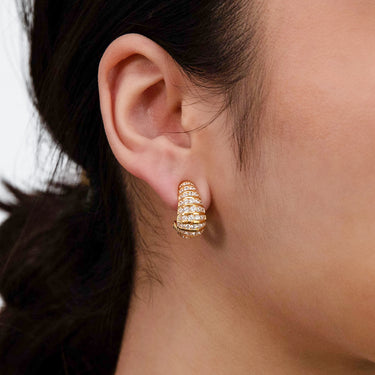 Sterling Silver Gold Plated Cubic Zirconia On Fancy "D" Shape Earrings