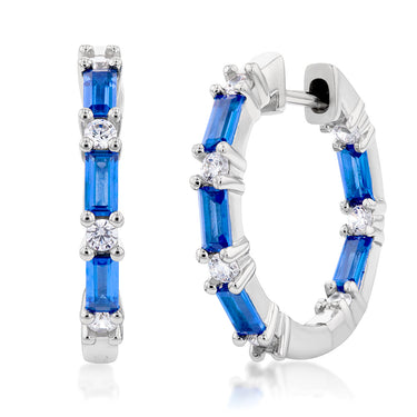 Sterling Silver Sapphire-Blue & White Cubic Zirconia Hoop Earrings