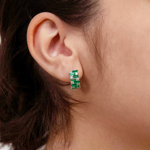 Sterling Silver Rhodium Plated Emerald Green And White Cubic Zirconia Hoop Earrings