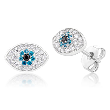 Sterling Silver Rhodium Plated Black White Cubic Zirconia Evil Eye Stud Earring