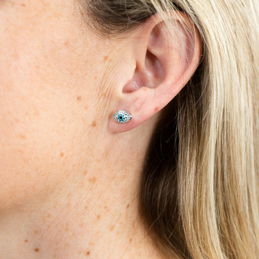 Sterling Silver Rhodium Plated Black White Cubic Zirconia Evil Eye Stud Earring