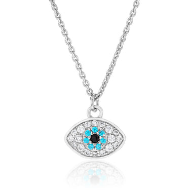 Sterling Silver Rhodium Plated White Black Cubic Zirconia Evil Eye Pendant on Chain