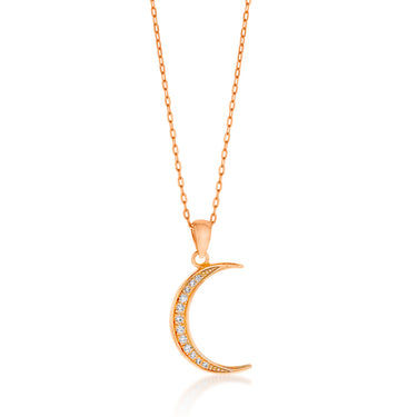 Sterling Silver Rose Gold Plated Cubic Zirconia New Moon Pendant on 42+3cm Chain