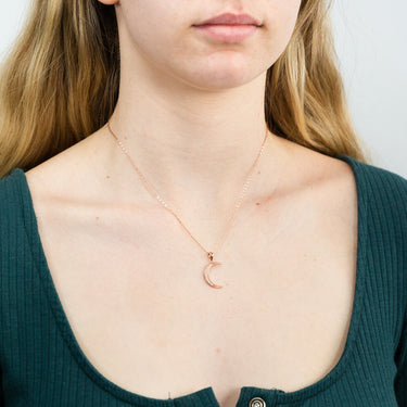 Sterling Silver Rose Gold Plated Cubic Zirconia New Moon Pendant on 42+3cm Chain