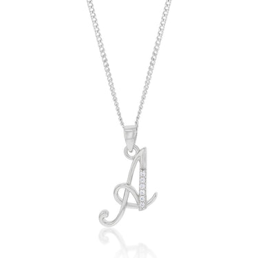 Sterling Silver Rhodium Plated Cubic Zirconia Script "A" Initial Pendant