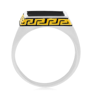 Sterling Silver Gold Plated Black Square Greek Pattern Gents Ring