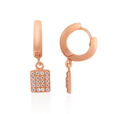 Sterling Silver Rose Gold Plated Cubic Zirconia Tag Hoop Earrings