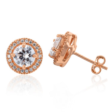 Sterling Silver Rose Gold Plated Cubic Zirconia Halo Stud Earrings