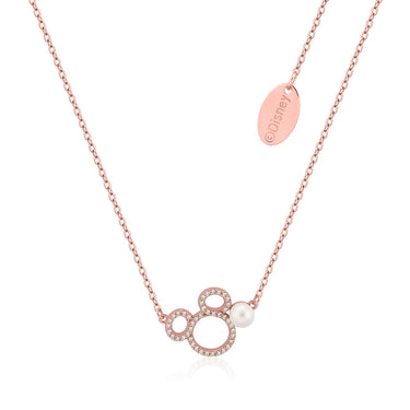 Disney Rose Gold Plated Sterling Silver Mickey CZ Outline With Pearl Pendant On Chain