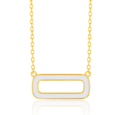 Sterling Silver Gold Plated White Enamel Rectangle Pendant On 45cm Chain