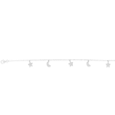 Sterling Silver Rhodium Plated Cubic Zirconia Moon And Star Charm 21.5cm Bracelets
