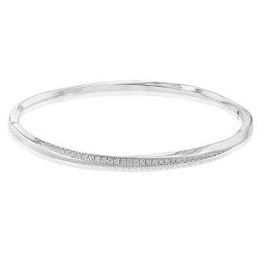 Sterling Silver Rhodium Plated Cubic Zirconia Twisted Hinged Bangle