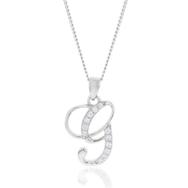 Sterling Silver Rhodium Plated Cubic Zirconia Script "G " Initial Pendant