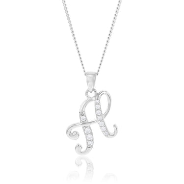 Sterling Silver Rhodium Plated Cubic Zirconia Script "H " Initial Pendant