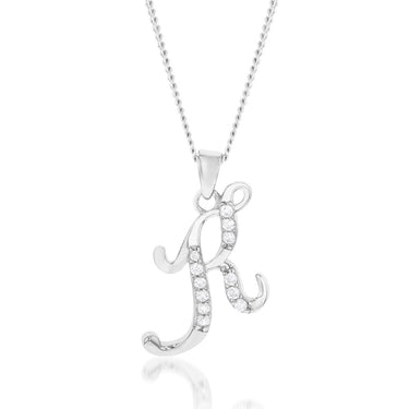 Sterling Silver Rhodium Plated Cubic Zirconia Script "K " Initial Pendant