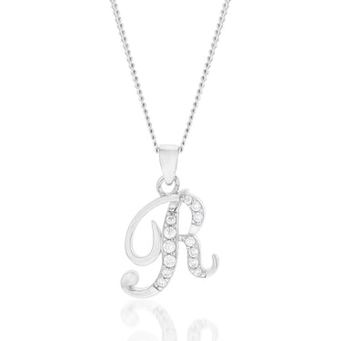 Sterling Silver Rhodium Plated Cubic Zirconia Script "R " Initial Pendant