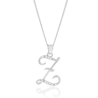 Sterling Silver Rhodium Plated Cubic Zirconia Script "Z " Initial Pendant