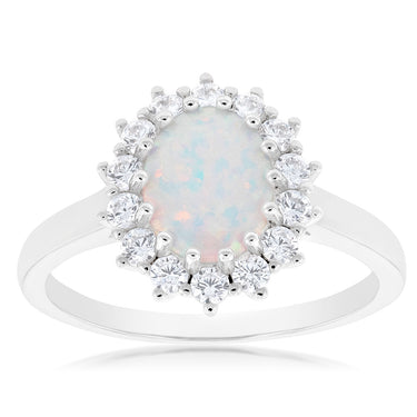 Sterling Silver Rhodium Plated Cubic Zirconia Synthetic Opal Round Ring