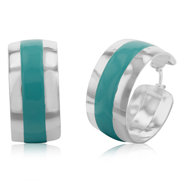 Sterling Silver Aqua Enamel On Broad 23mm Hoop Earrings