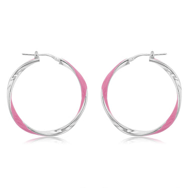 Sterling Silver Pink Enamel On Twisted 30mm Hoop Earrings