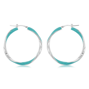 Sterling Silver Aqua Enamel On Twisted Hoop Earrings