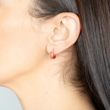 Gold Plated Sterling Silver Hearts Pink Enamel 13mm Hoop Earrings