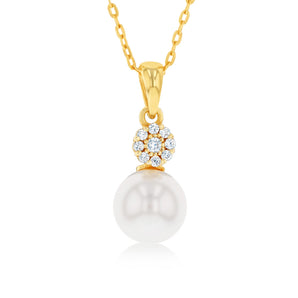 Sterling Silver Gold Plated Pearl And Cubic Zirconia Pendant On 45cm Chain