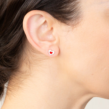 Sterling Silver Red White Enamel Heart Stud Earrings