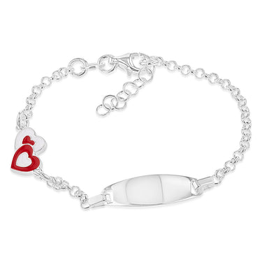 Sterling Silver Red White Heart ID 16cm Kids Bracelet
