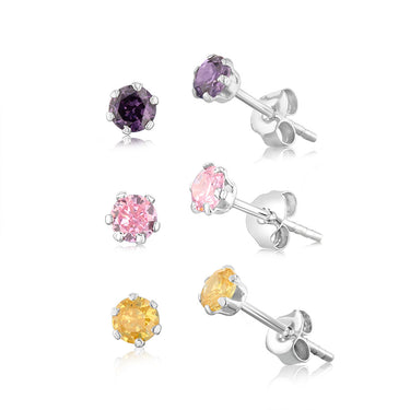 Sterling Silver Curbic Zirconia Studs Earrings Set of 3 - Pink Amethyst Yellow