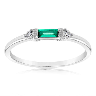 Sterling Silver Rhodium Plated Emerald Stone White Cubic Zirconia Ring