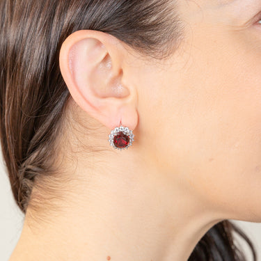 Sterling Silver Rhodium Plated Red Stone And White Cubic Zirconia Studs Earrings