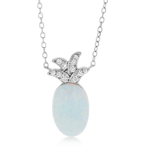 Sterling Silver Rhodium Plated Created White Opal Pendant With 45cm Chain