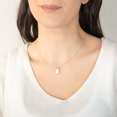 Sterling Silver Rhodium Plated Created White Opal Pendant With 45cm Chain