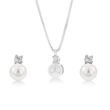 Sterling Silver Synthetic Pearl And Cubic Zirconia Pendant &  Earrings Set