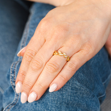 Sterling Silver Gold Plated White Zirconia Leaf Ring