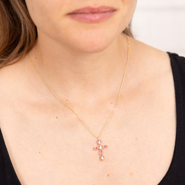 Sterling Silver Gold Plated Pink Crystal Fancy Cross Pendant On 42+3cm Chain