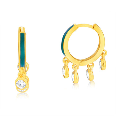 Sterling Silver Gold Plated Cubic Zirconia Blue Enamel Hoop Earrings