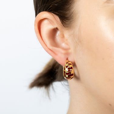 Sterling Silver Gold Plated Deep Red Enamel Tiger Pattern Wide 14mm Hoop Earrings