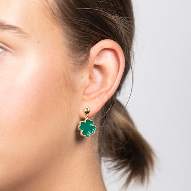 Sterling Silver Gold Plated Green Four Leaf Enamel Flower Drop Earrings