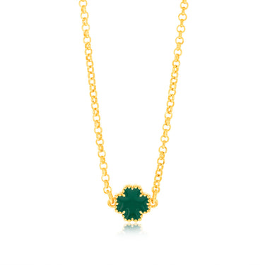 Sterling Silver Gold Plated Green Four Leaf Enamel Flower Pendant On chain