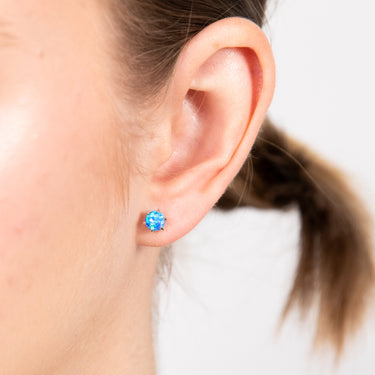 Sterling Silver Round Created Blue Opal Claw Stud Earrings