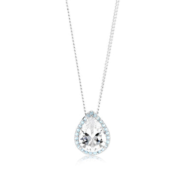 Sterling Silver Rhodium Plated Pear Shaped Light Blue And White Zirconia Pendant