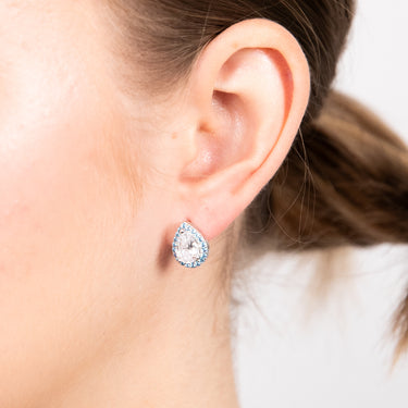 Sterling Silver Rhodium Plated Pear Shaped Blue And White Zirconia Stud Earrings