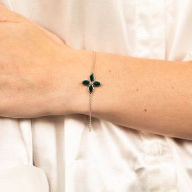 Sterling Silver Rhodium Plated Created Malachite Four Petal 16+4cm Bracelet
