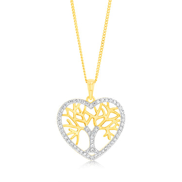 Sterling Silver Gold Plated Zirconia Tree Of Life Heart Pendant
