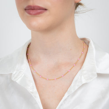 Sterling Silver Gold Plated Pink Enamel Bead 45cm Chain