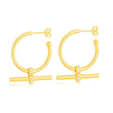 Sterling Silver Gold Plated Zirconia Bar 3/4th Hoop Earrings